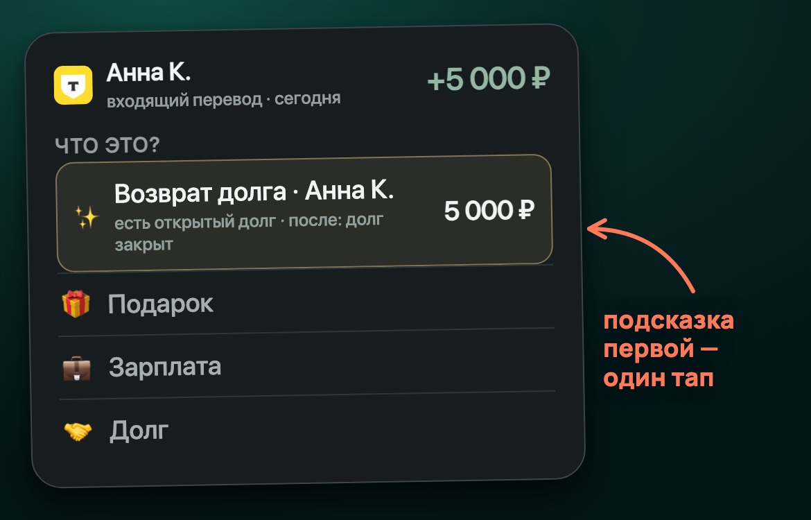 Входящий перевод: подсказка «возврат долга» стоит первой